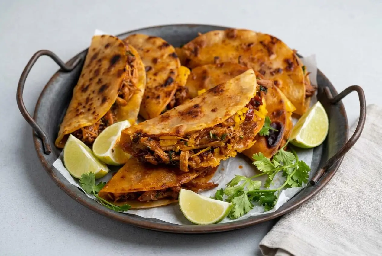 Three folded chicken tacos with crispy golden corn tortillas, melted cheese, and smoky chipotle chicken.