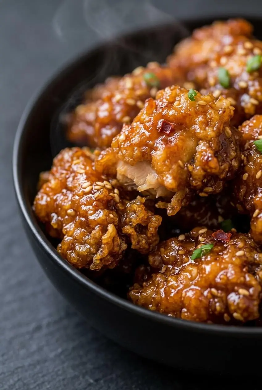 Close-up macro of crispy fried chicken pieces coated in glossy sweet tangy glaze with sesame seeds.