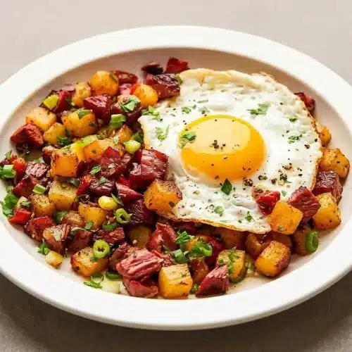 Golden, crispy corned beef hash with tender potatoes and caramelized onions in a cast iron skillet.