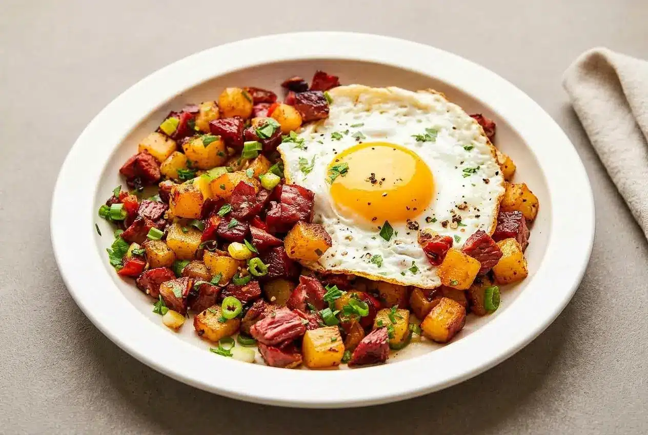 Golden, crispy corned beef hash with tender potatoes and caramelized onions in a cast iron skillet.