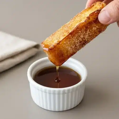 Crispy golden french toast sticks coated in cinnamon sugar served warm on a plate.
