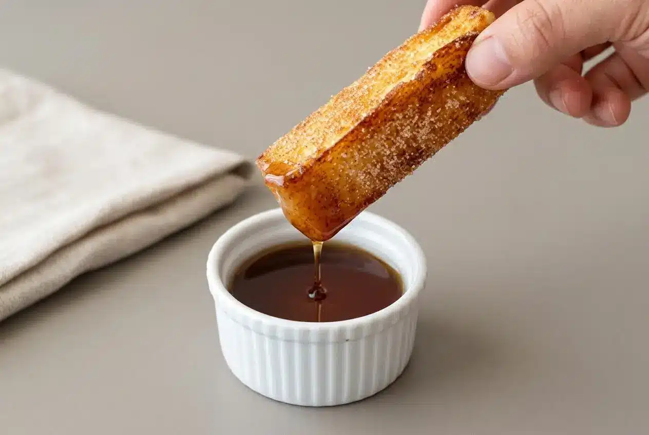 Crispy golden french toast sticks coated in cinnamon sugar served warm on a plate.
