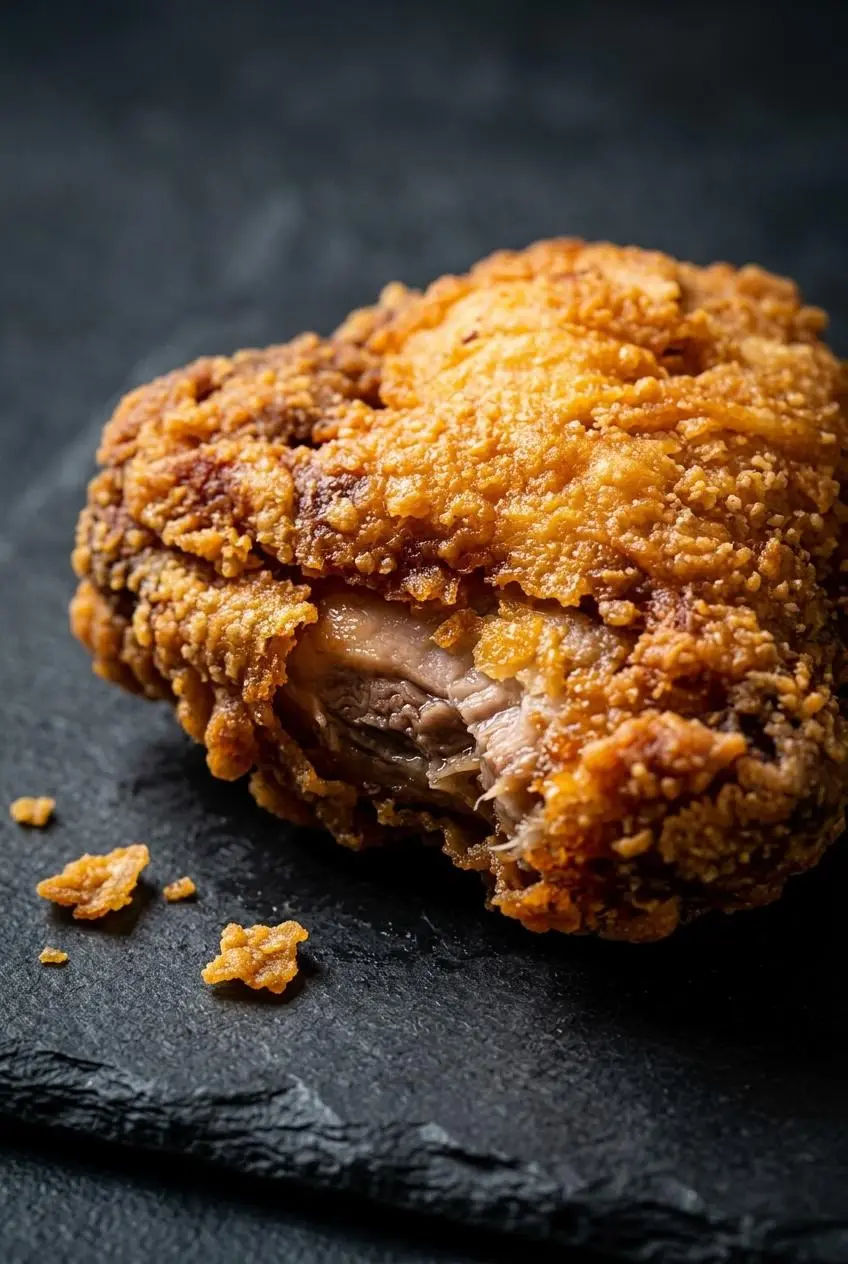 Close up of deep golden fried chicken thigh with crackly crust and juicy interior meat.