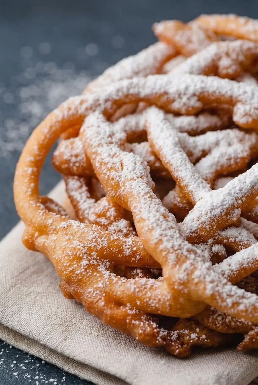 Macro view of crispy golden funnel cake lattice ridges coated in confectioners sugar.