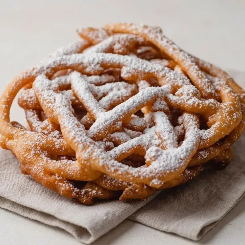 Golden crispy funnel cake recipe finished with an airy fried lattice and snowy powdered sugar dusting.