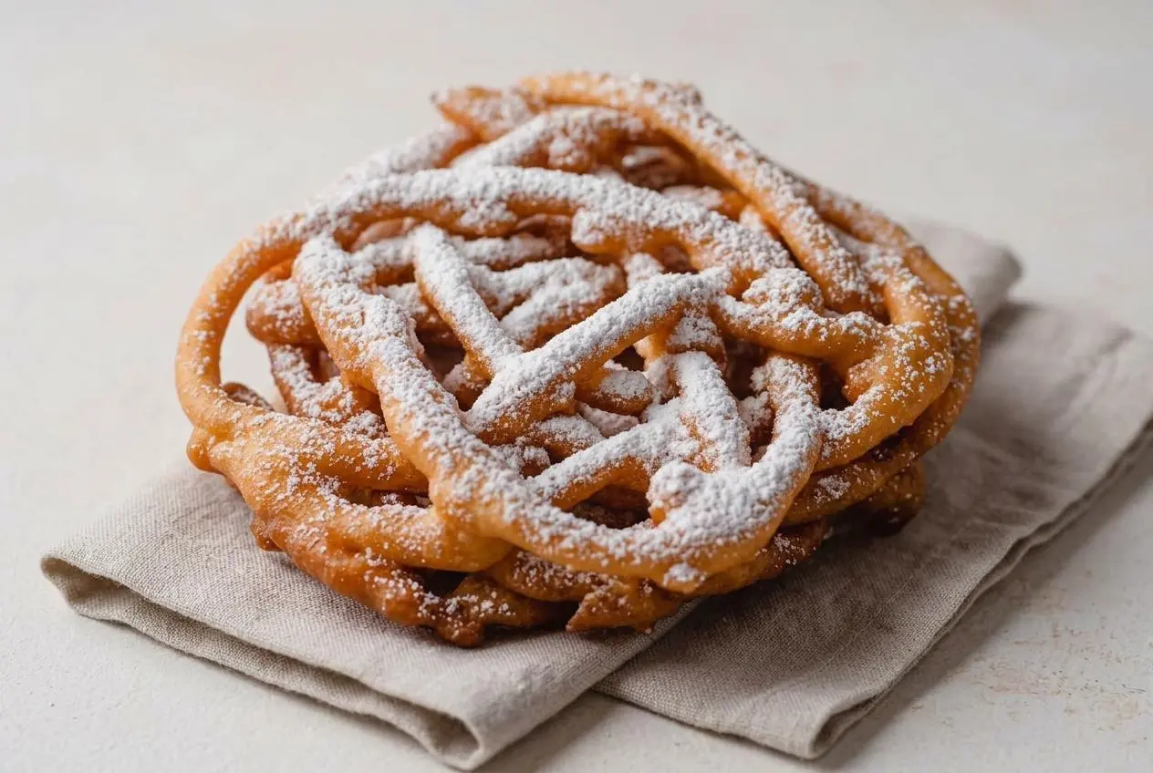 Golden crispy funnel cake recipe finished with an airy fried lattice and snowy powdered sugar dusting.
