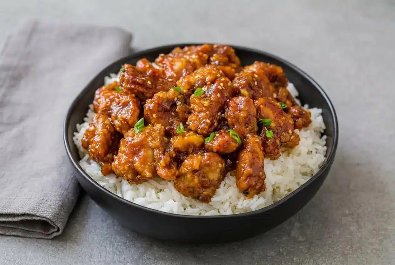 Crispy pan-fried General Tso’s Chicken Recipe coated in a glossy sweet and tangy garlic ginger glaze.