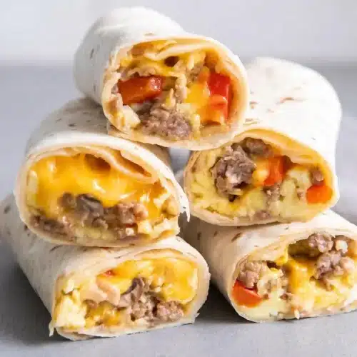 Halved breakfast burritos recipe showing crisp golden tortillas, fluffy scrambled eggs, sausage, and melted cheese.