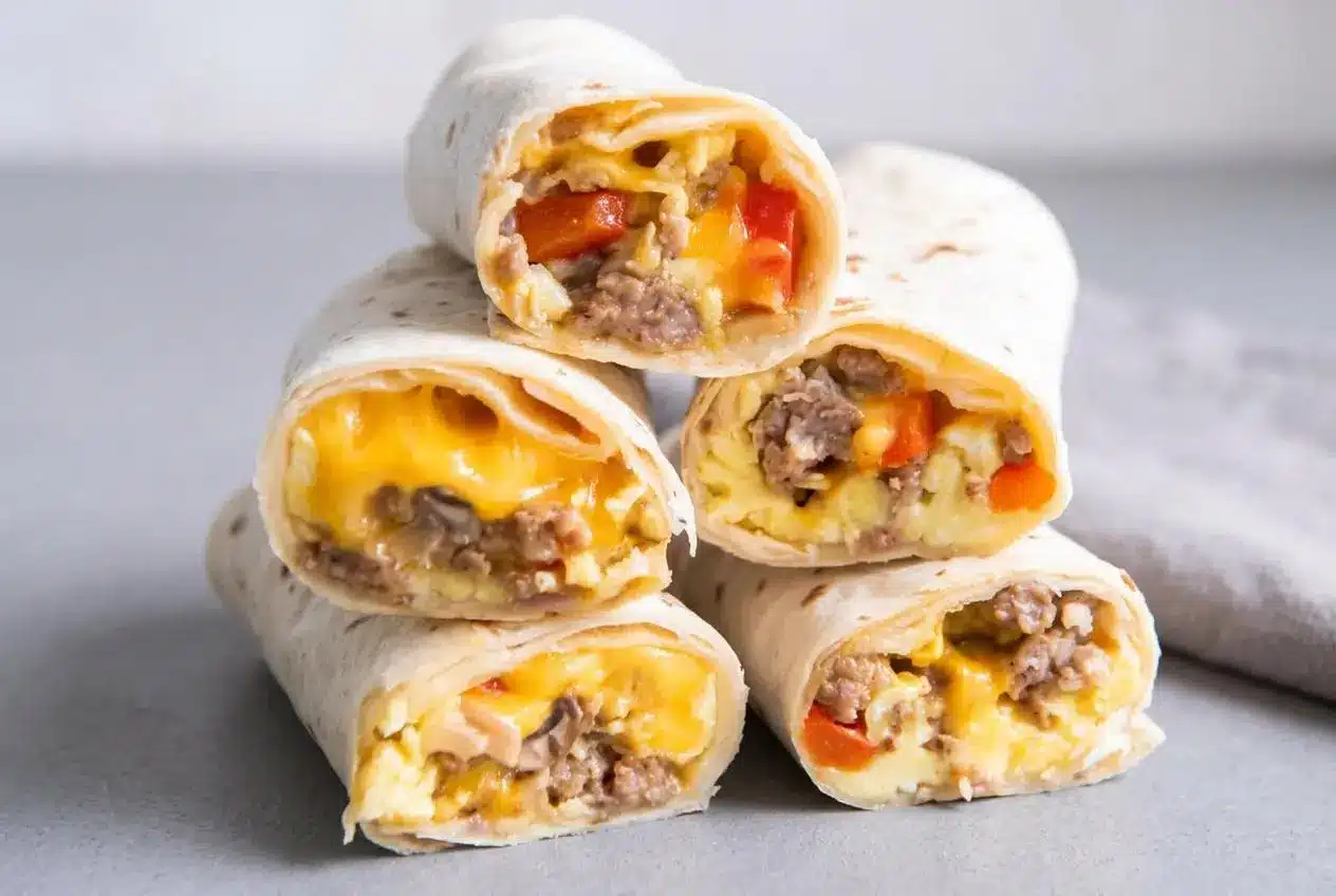 Halved breakfast burritos recipe showing crisp golden tortillas, fluffy scrambled eggs, sausage, and melted cheese.