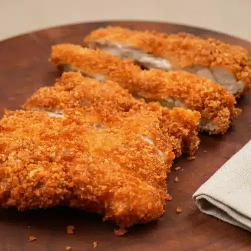 Golden crisp chicken katsu cutlet sliced to show a crunchy panko crust and juicy center.