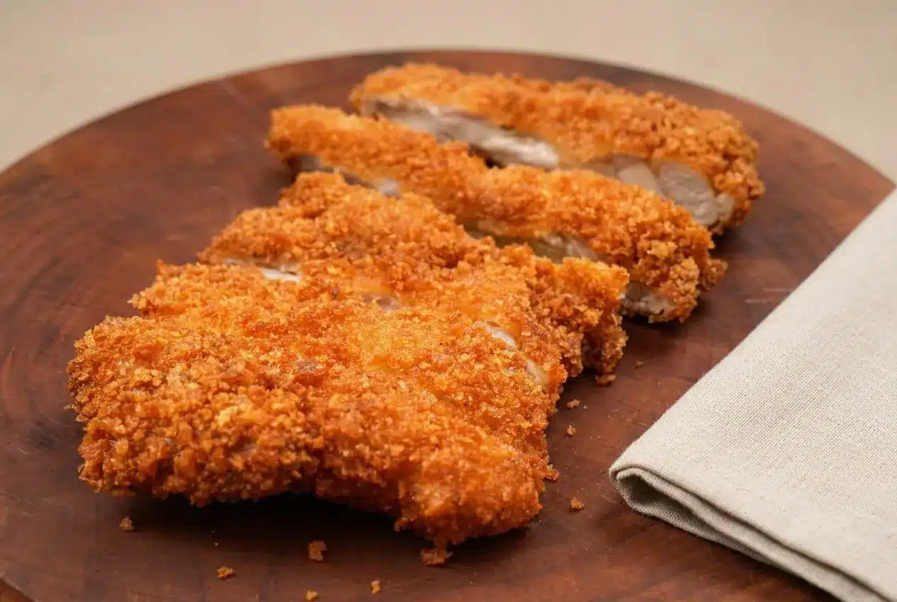 Golden crisp chicken katsu cutlet sliced to show a crunchy panko crust and juicy center.
