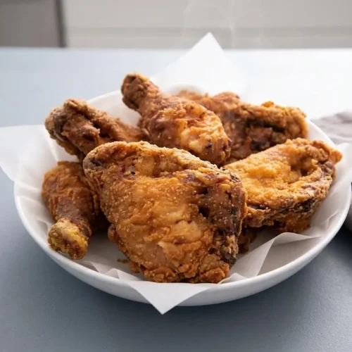Golden crispy fried chicken recipe pieces piled on a plate showing crunchy breaded crust.