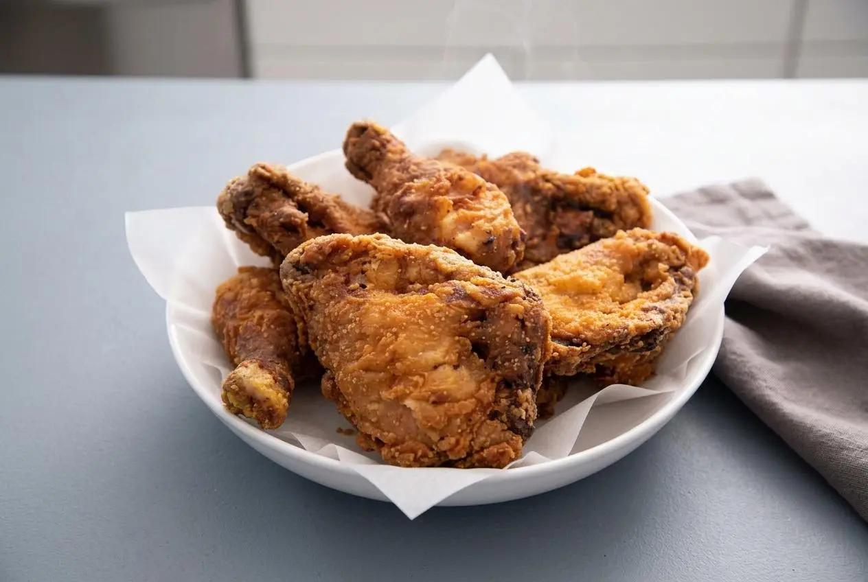Golden crispy fried chicken recipe pieces piled on a plate showing crunchy breaded crust.