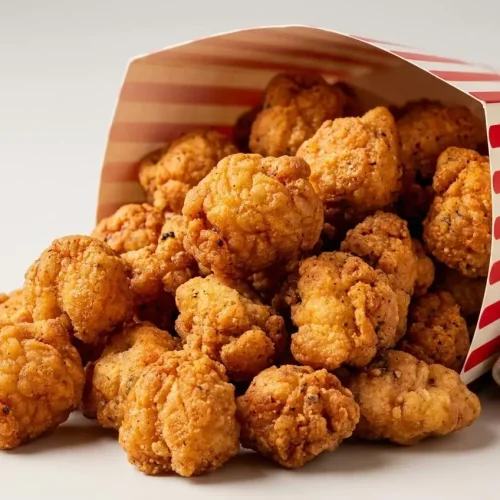 Crispy golden popcorn chicken bites piled high with a seasoned, craggy crust.