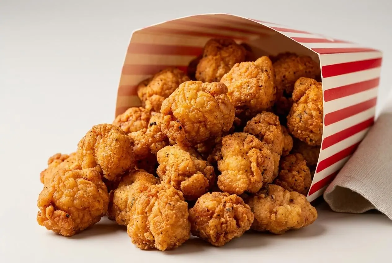 Crispy golden popcorn chicken bites piled high with a seasoned, craggy crust.