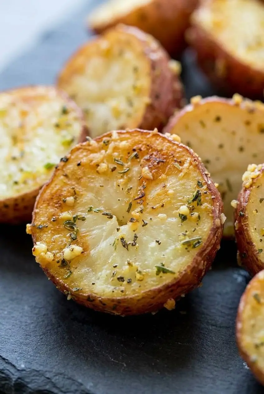 Macro shot of a roasted red potato showing a blistered crust, toasted parmesan, and dried herbs.