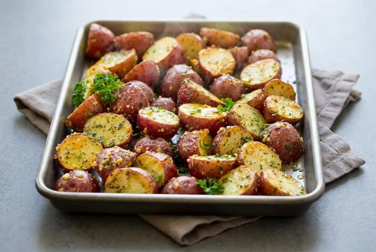 Halved roasted red potatoes with crispy golden edges, melted parmesan cheese, and fresh parsley.