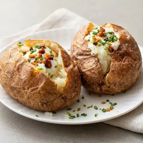 Crisp, salted baked potato recipe fresh from the oven, split open with a tender, fluffy interior.