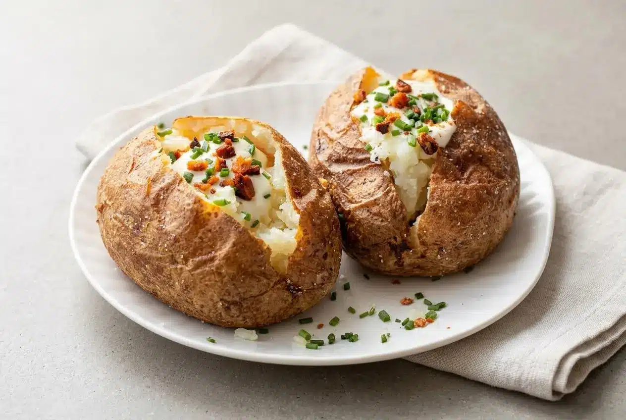 Crisp, salted baked potato recipe fresh from the oven, split open with a tender, fluffy interior.