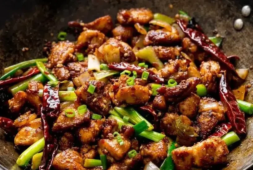 Crispy Szechuan chicken pieces tossed with dried red chilies and a glossy chili bean glaze.