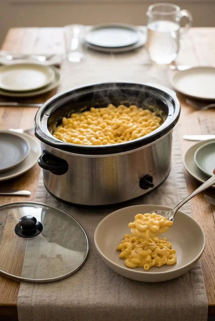 Serving warm slow cooker mac and cheese into a ceramic bowl with a stainless steel spoon.