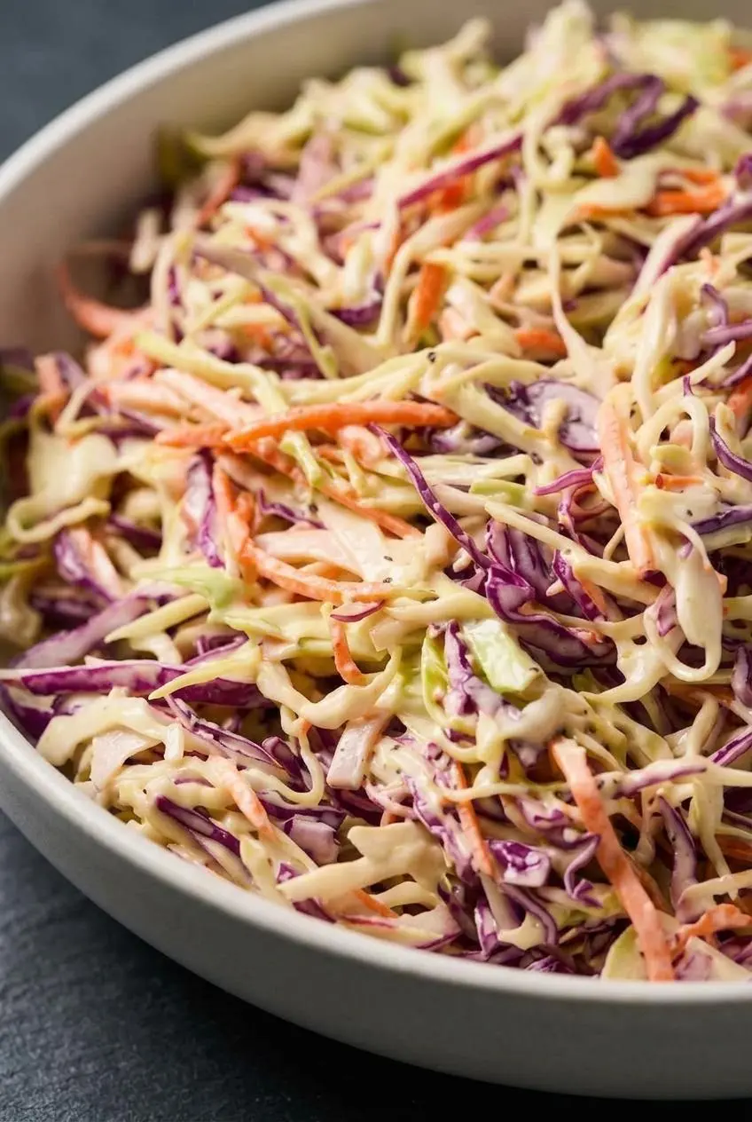 Close-up of crunchy shredded cabbage and carrots coated in creamy dressing with celery seeds.