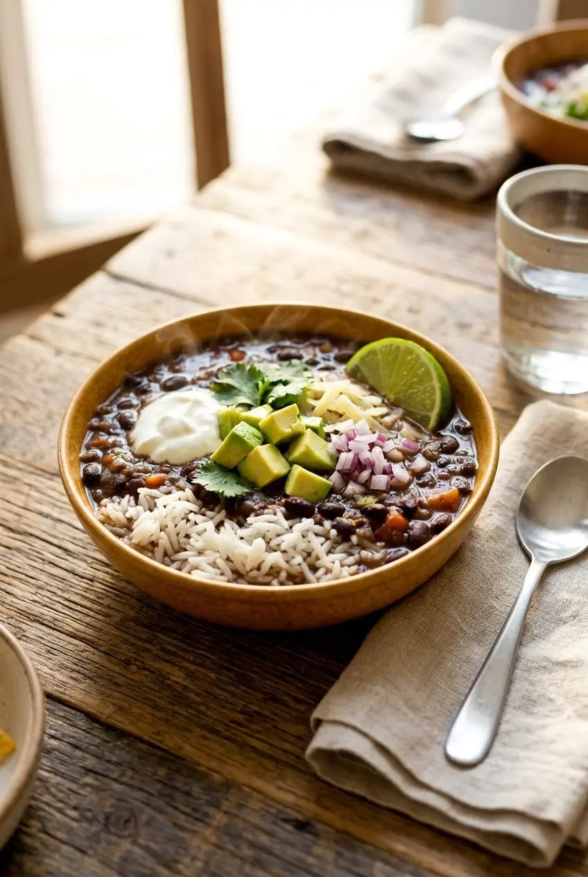 Cuban style black bean soup served over white rice with diced avocado, cilantro, and fresh lime.
