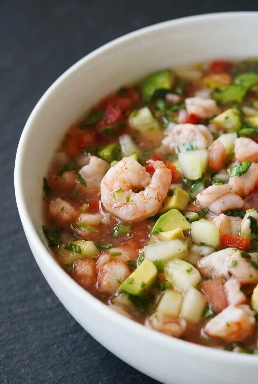 Close-up of opaque pink lime-cured shrimp with diced Persian cucumbers, tomatoes, and serrano pepper.