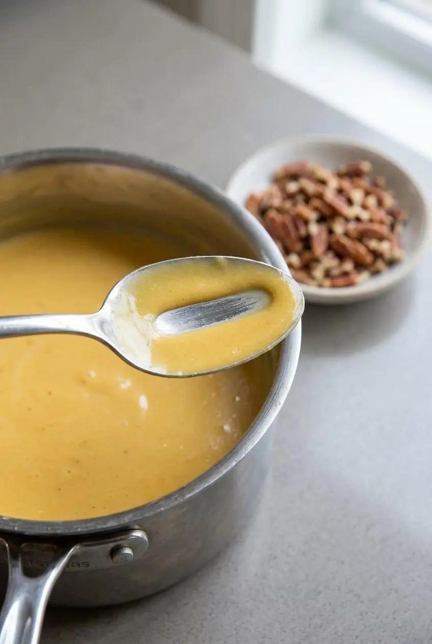 Spoon coated in thick golden custard base showing a clean line swipe test for doneness.
