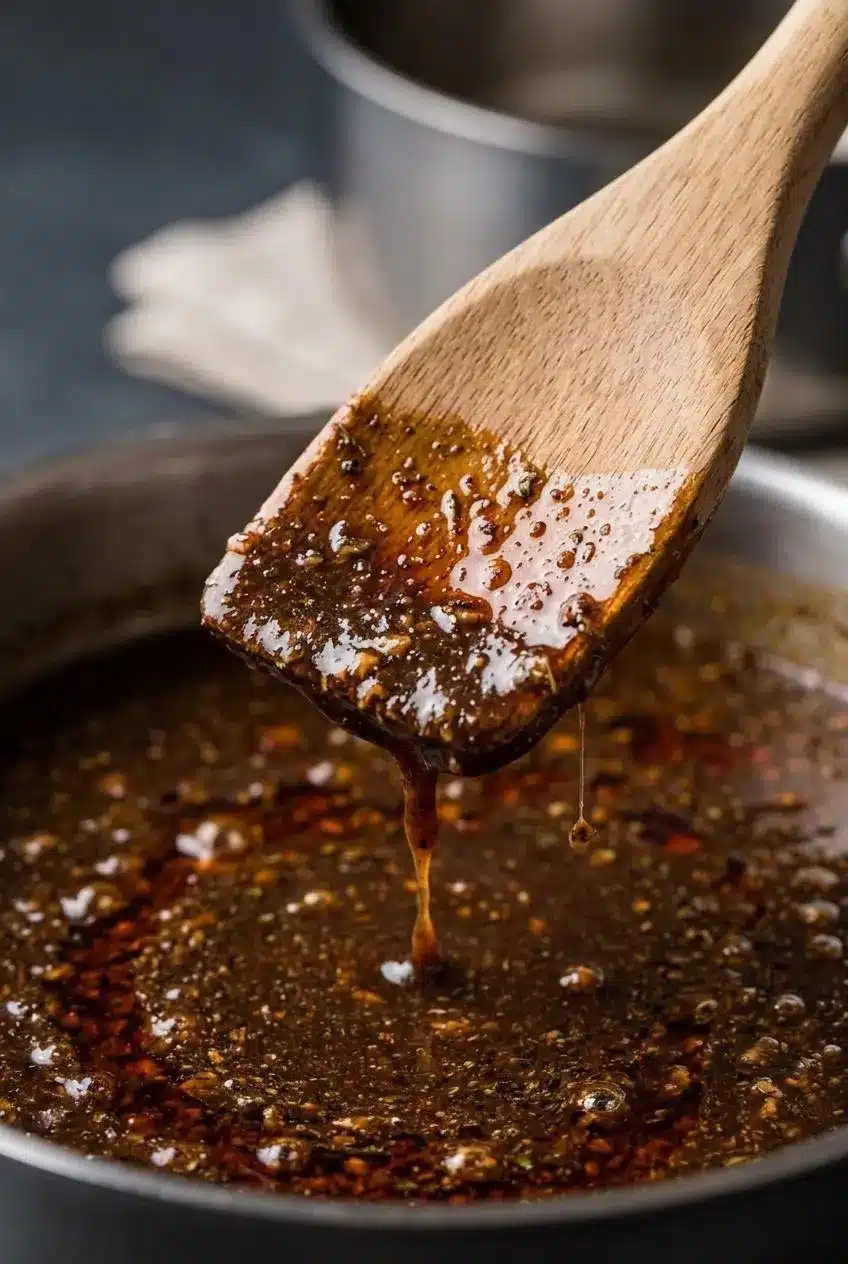 A glossy dark chocolate colored gumbo roux coating a flat wooden spoon over a dark slate surface.