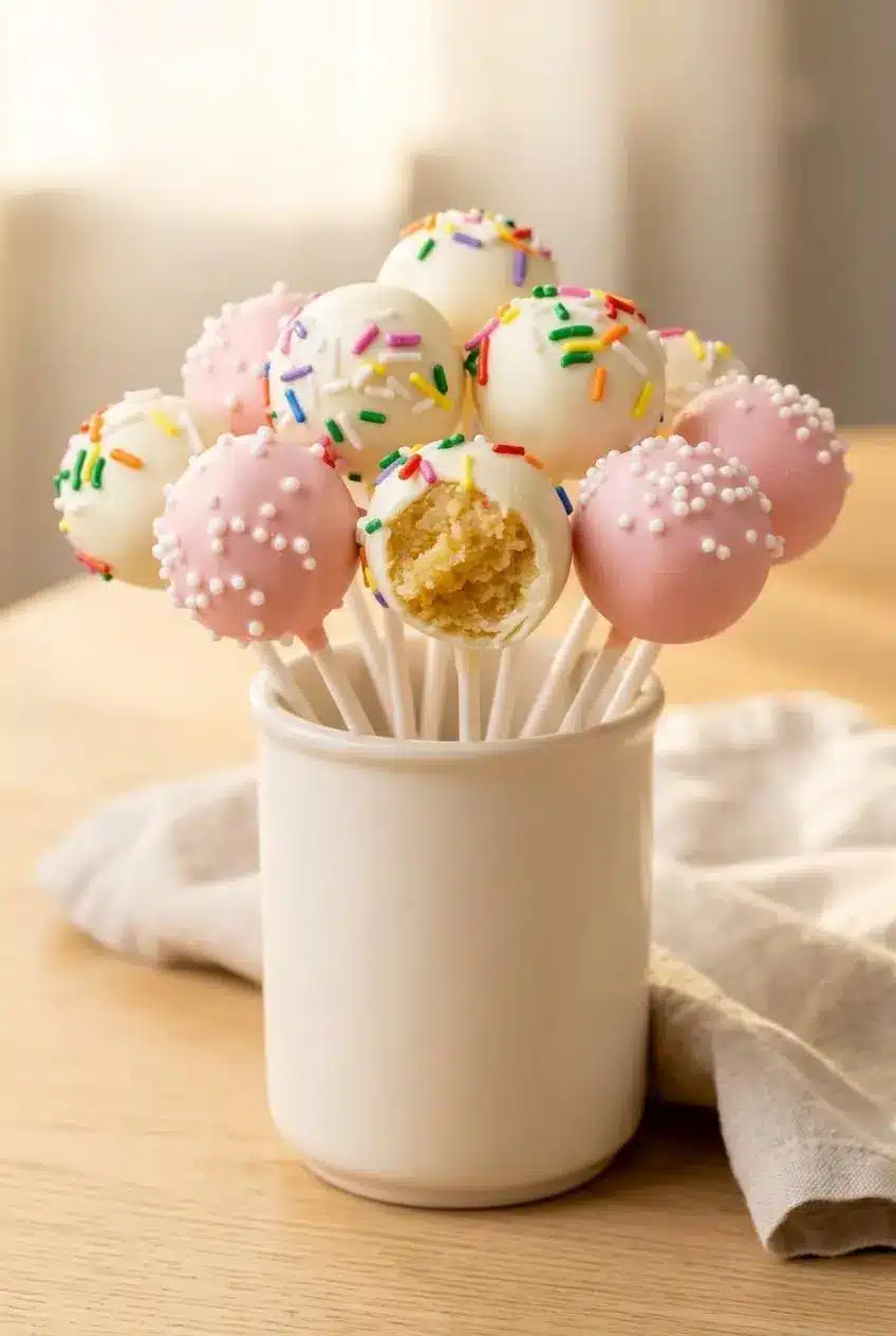 Pastel cake pops with sprinkles arranged upright in a ceramic jar on an oak table.