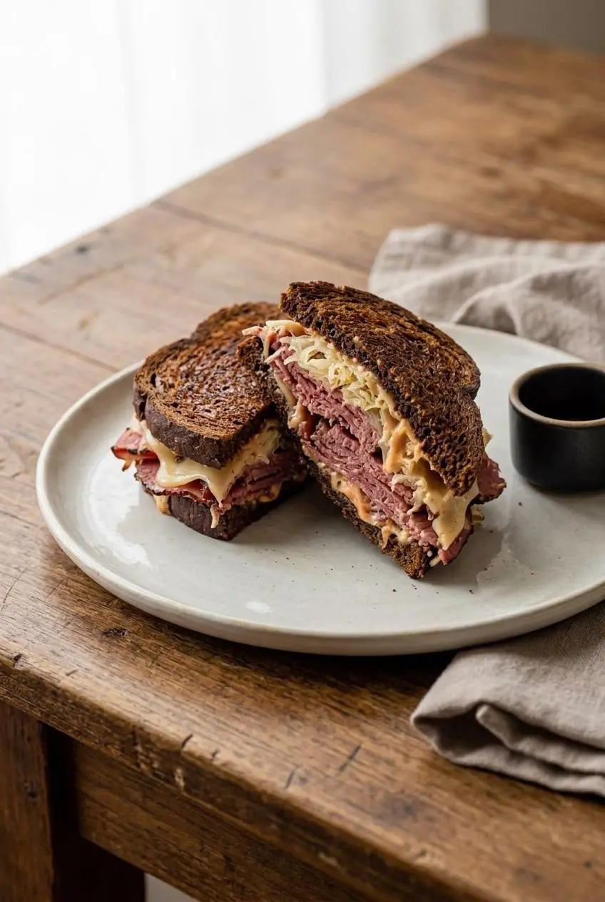 Warm pastrami Reuben sandwich with melted Swiss cheese on toasted pumpernickel bread slices.