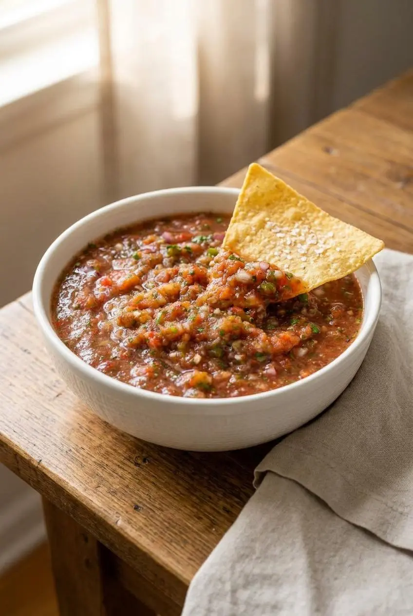 Crisp golden tortilla chip dipping into a ceramic bowl of fresh red salsa on a rustic wooden table.