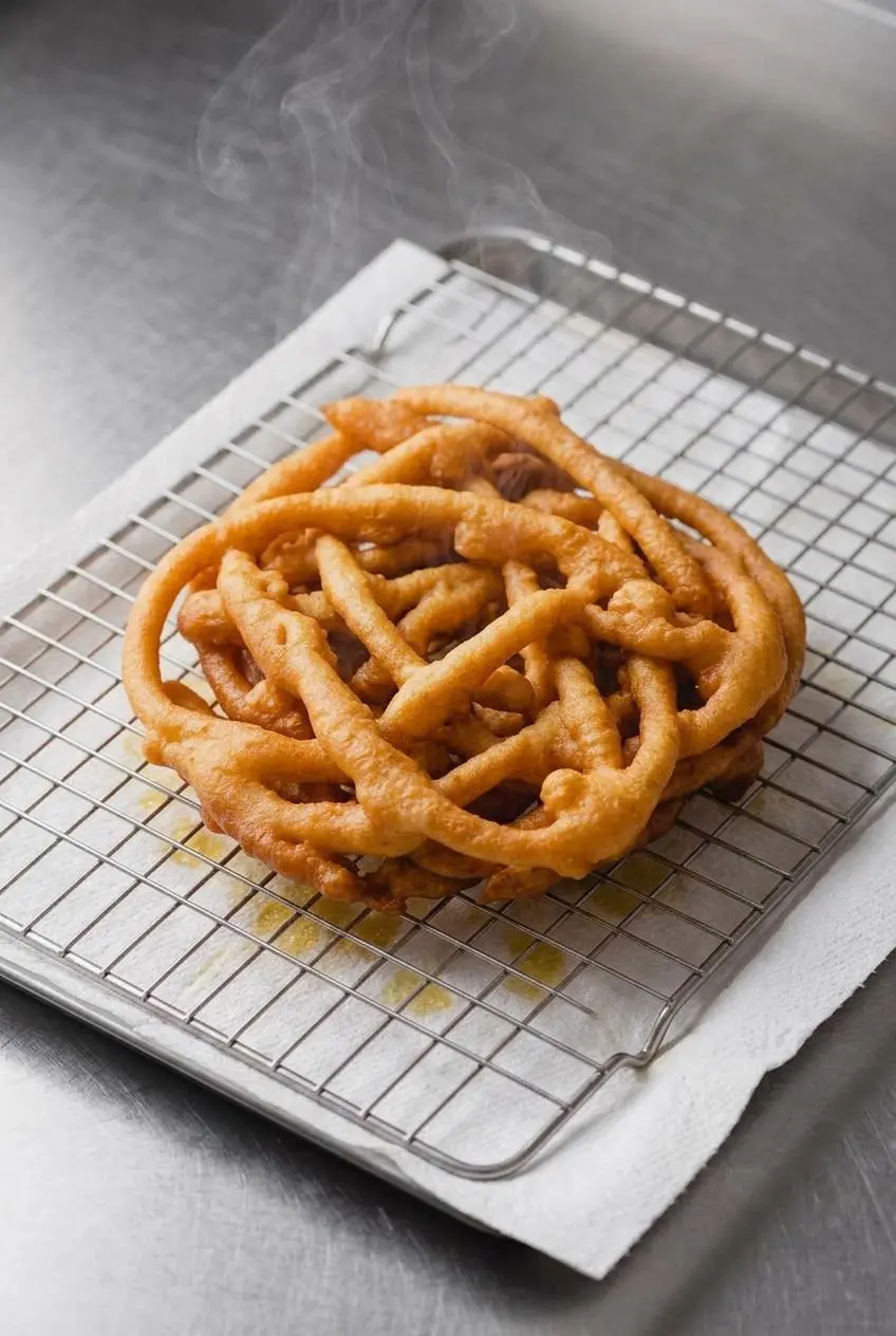 Freshly fried golden funnel cake draining on an elevated wire cooling rack.