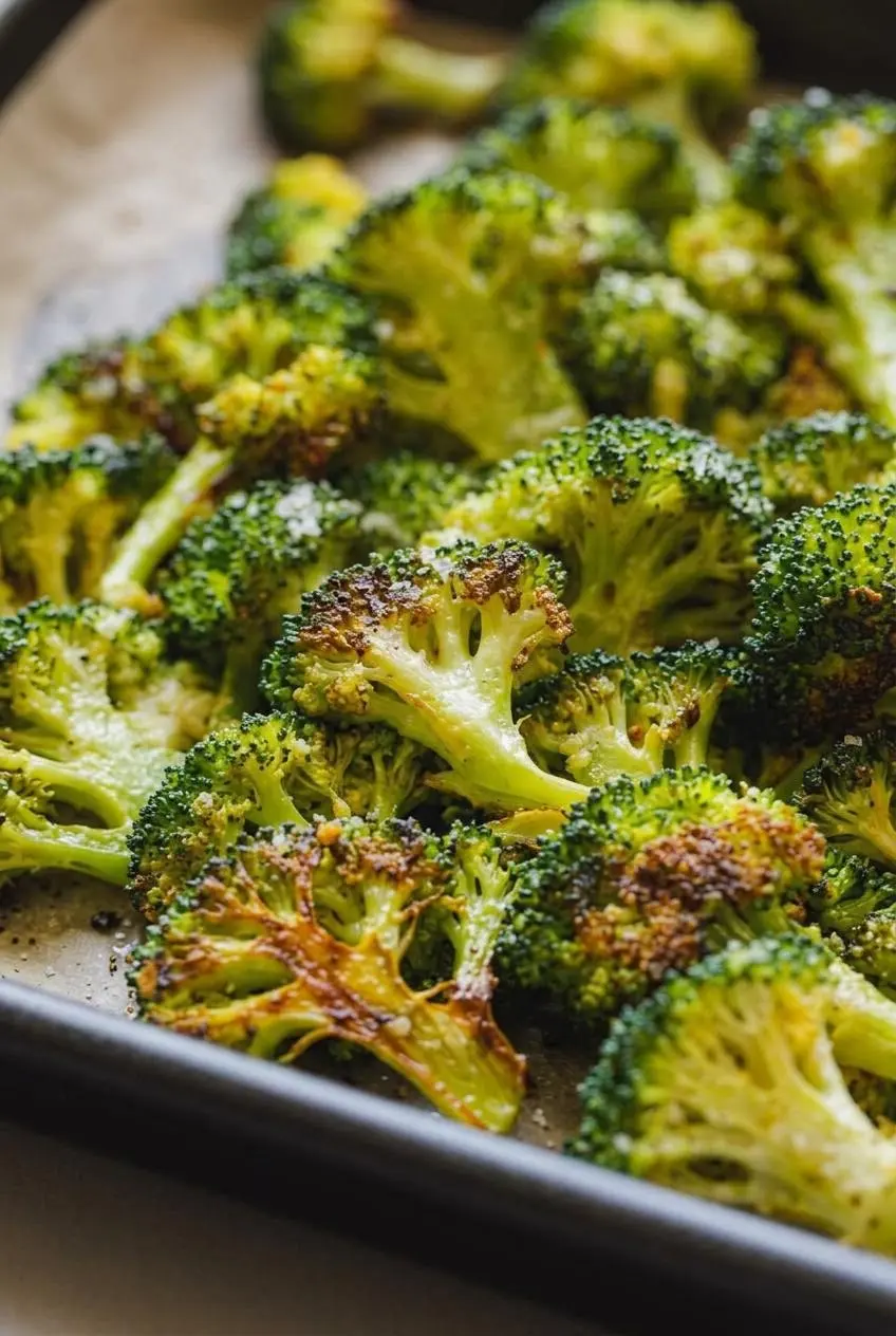 Close-up of roasted broccoli florets spaced out on parchment paper showing crisp caramelized tips.