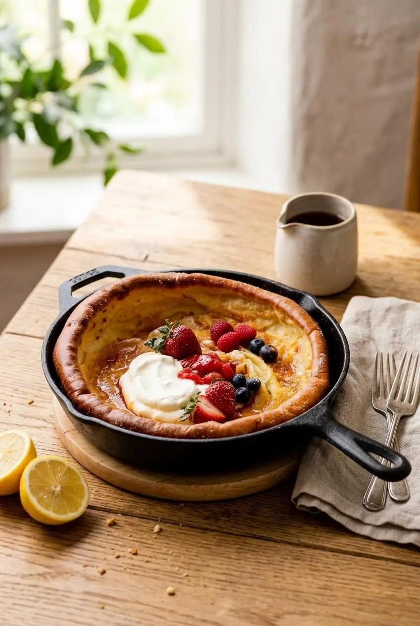 Baked Dutch pancake dusted with powdered sugar, fresh raspberries, blueberries, and lemon halves for brunch.
