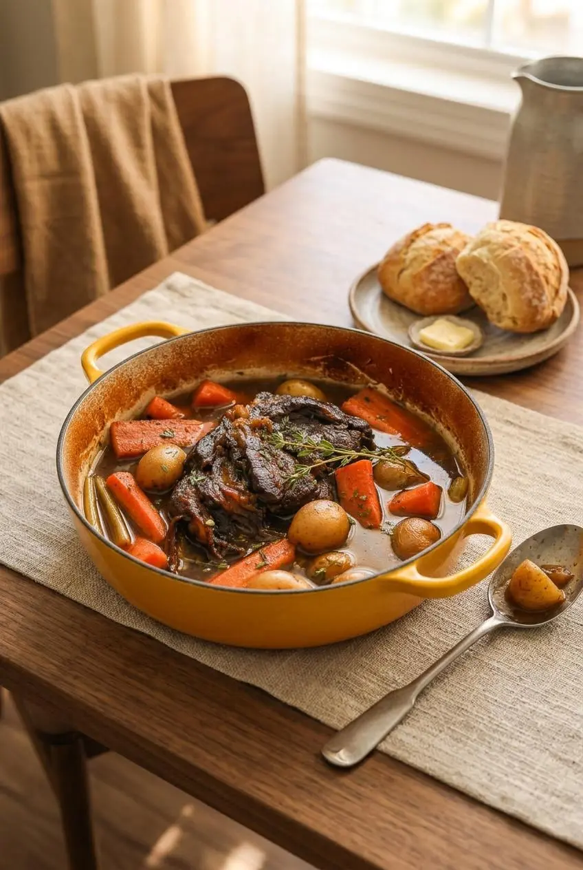 Dutch oven pot roast with braised beef, baby potatoes, and carrots on a dining table with bread.