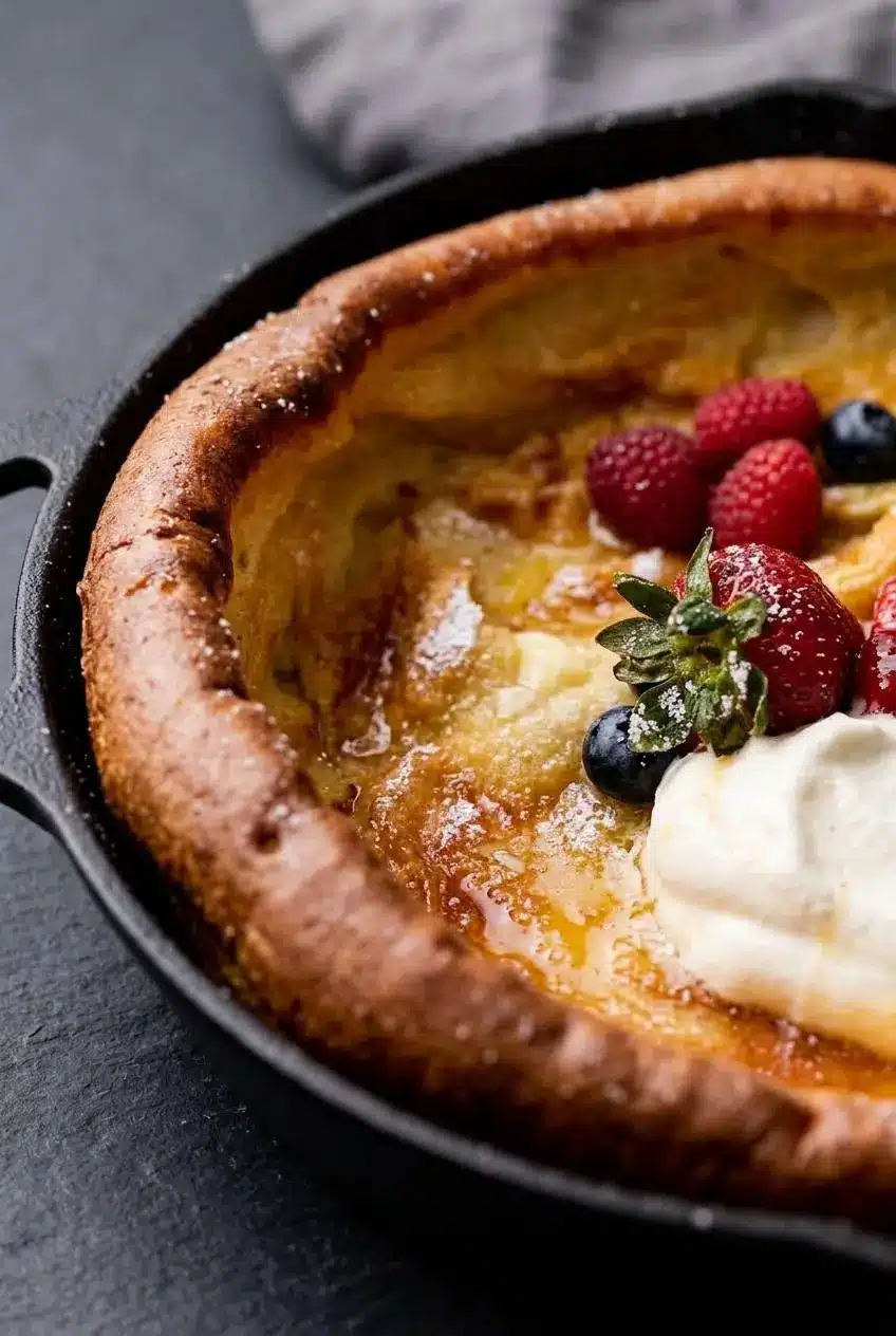 Macro detail of crisp blistered rim and custardy steam pockets on a Dutch baby pancake in a cast iron pan.