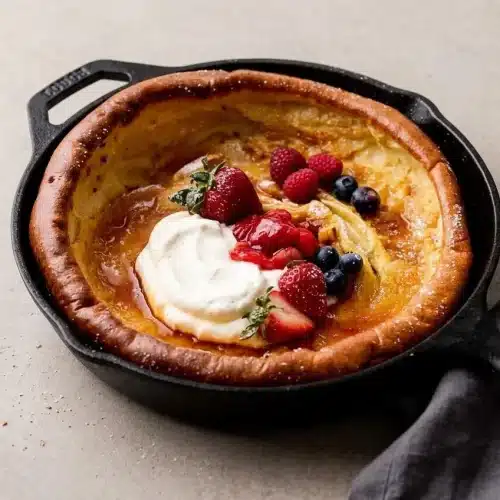 Dutch pancakes recipe baked in a cast iron skillet with tall golden puffed edges and a tender custardy center.