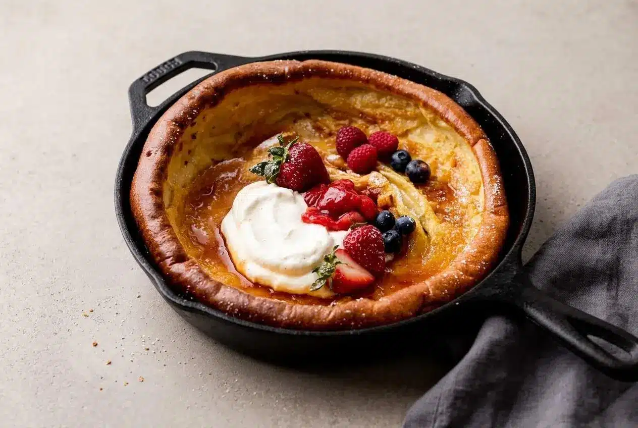Dutch pancakes recipe baked in a cast iron skillet with tall golden puffed edges and a tender custardy center.