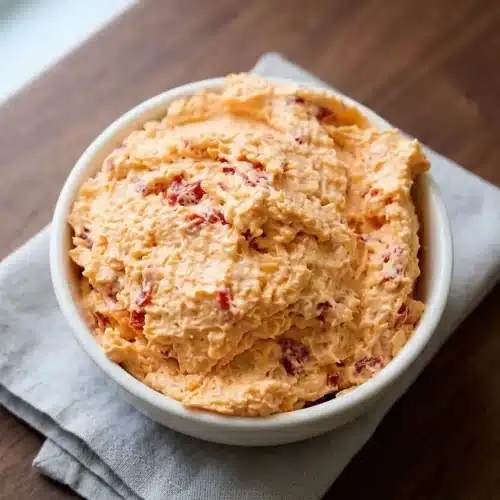 Creamy Southern pimento cheese recipe spread featuring hand-shredded cheddar and vibrant red pimentos.