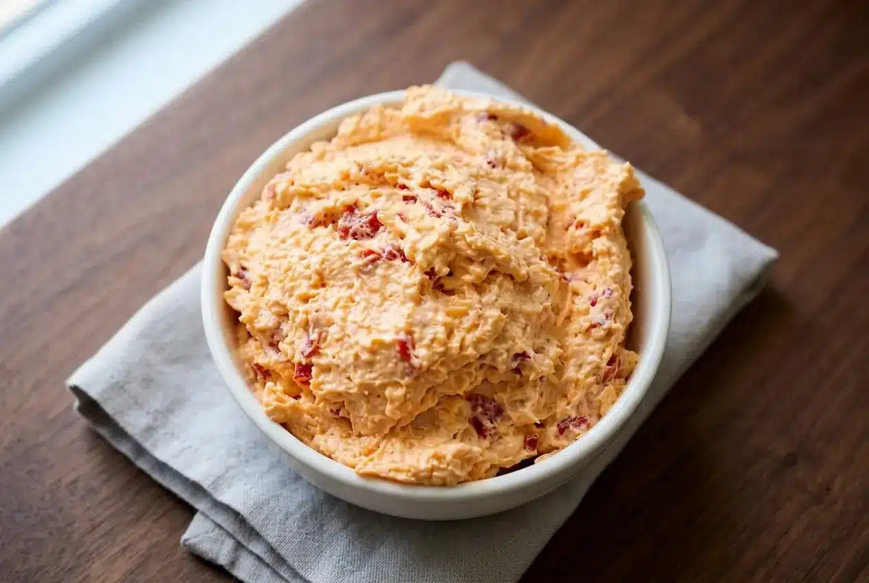 Creamy Southern pimento cheese recipe spread featuring hand-shredded cheddar and vibrant red pimentos.
