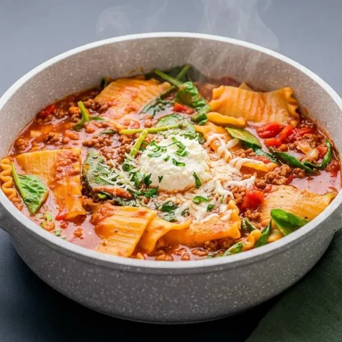 A comforting bowl of lasagna soup recipe with tender ruffled noodles, savory beef, and melted cheese on top.