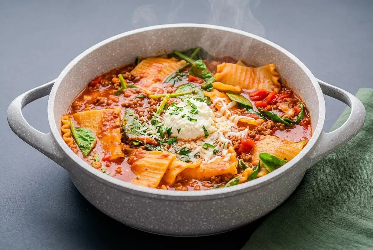 A comforting bowl of lasagna soup recipe with tender ruffled noodles, savory beef, and melted cheese on top.