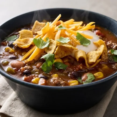 Hearty bowl of zesty taco soup with seasoned ground beef, black beans, pinto beans, corn, and a rich, thick broth.