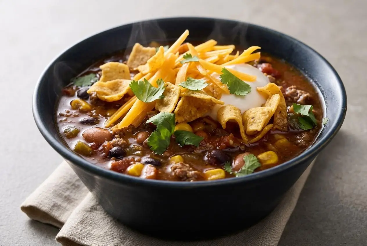 Hearty bowl of zesty taco soup with seasoned ground beef, black beans, pinto beans, corn, and a rich, thick broth.