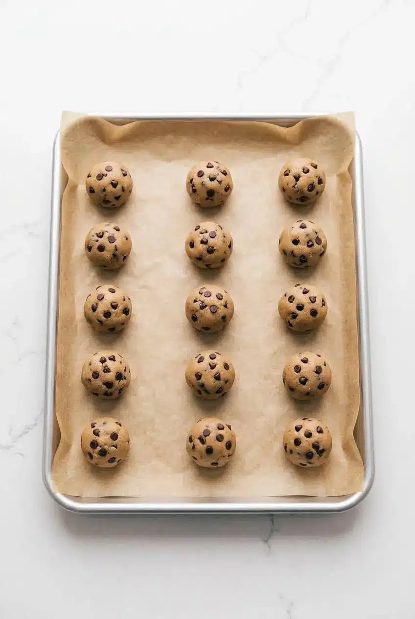 Bite-sized edible cookie dough truffle rounds arranged in neat rows on parchment paper.