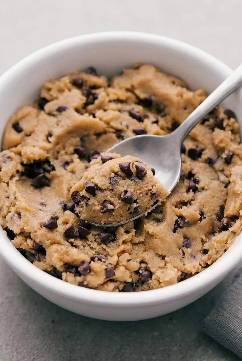 Silver spoon revealing the velvety, well-emulsified texture of chocolate chip cookie dough.