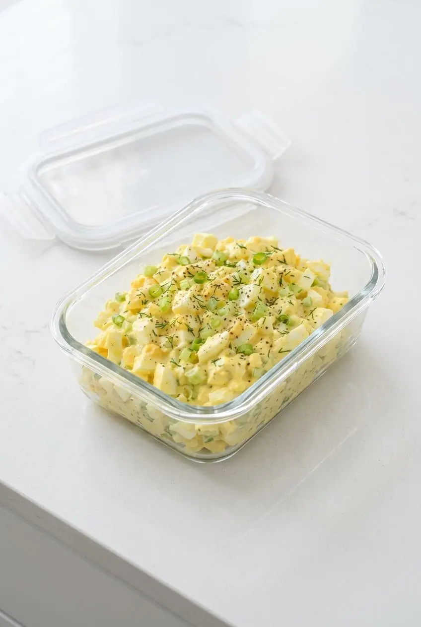 Freshly prepared egg salad stored in a clear rectangular glass container on a bright kitchen counter for meal prep.