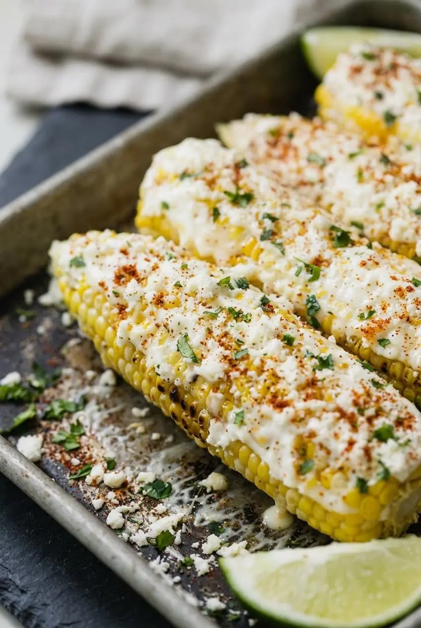 Macro shot of charred grilled corn kernels glistening with a creamy mayonnaise and Mexican crema glaze.